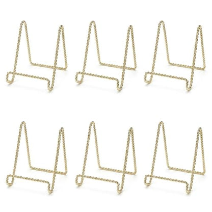 HOHIYA 3" Gold Plate Display Stands 6 Pack Mini Metal Easels | Compact metal easels display decorative plates, photos, frames, artwork and collectibles on shelves or tabletops.