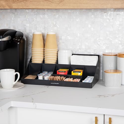 Mind Reader Cup and Condiment Station, Countertop Organizer, Coffee Bar, Kitchen, Stirrers, 17.875"L x 9.5"W x 6.625"H, Black