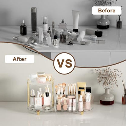 Makeup Organizer Countertop for Vanity, Rotating Perfume Tray with 5-compartment Cosmetic and Skincare Organizers, Multi-Purpose Desk Storage Makeup Brush Holder for Bathroom Bedroom Counter