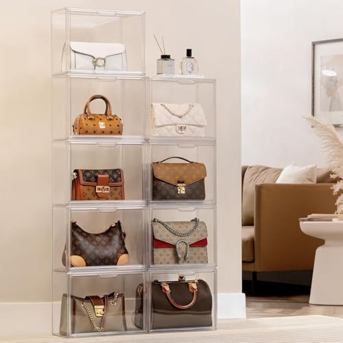 HBlife Purse Storage Organizer for Closet, Clear Stackable Handbag Display Case Box with Magnetic Door for Collectibles, Cosmetics, Women Heels and Toys, Large, 5 Pack