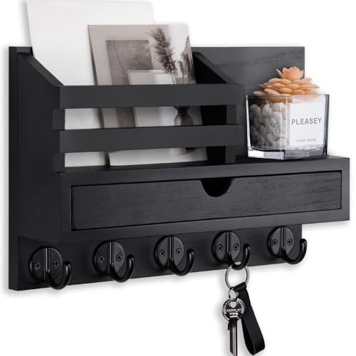 Key Holder Wall Mount, Mail Holder with Storage Drawer and 5 Key Hooks for Coat, Dog Leash, Home Decor Rack, House Accessories, Entry Way Organizer
