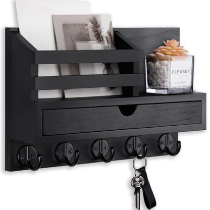Key Holder Wall Mount, Mail Holder with Storage Drawer and 5 Key Hooks for Coat, Dog Leash, Home Decor Rack, House Accessories, Entry Way Organizer