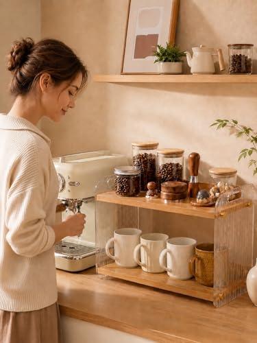 2 Tier Coffee Station Organizer - Acrylic & Pine Wood -15.75" x6.18" x9.37" | Easy-to-Clean coffee bar shelf, Matcha Station for Kitchen Countertops, for Placing Mugs, Coffee Beans, Syrup, Cups etc.
