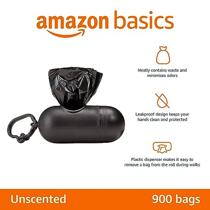Amazon Basics Dog Poop Leak Proof Bags with Dispenser and Leash Clip, Unscented, 13" x 9", 900 Count (60 Rolls)