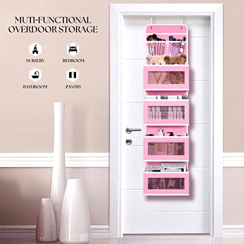 Giraffe Creation Pink Over Door Organizer with 4 Large Clear Pockets, Hanging Door Storage for Nursery, Bedroom, Bathroom, Closet, Toys, Diapers, Cosmetics, Baby Essentials