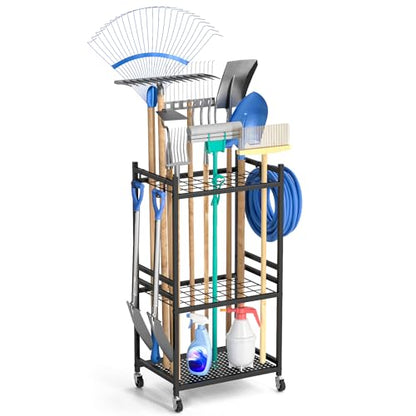 Garden Organizer With Wheels, Yard Tower Rack for Garage Storage, Up to 35 Long-Handled Tools, Sturdy Metal Steel Holder With 3 Hooks, Outdoor, Black
