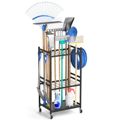 DAOUTIME Garden Organizer With Wheels, Yard Tower Rack for Garage Storage, Up to 35 Long-Handled Tools, Sturdy Metal Steel Holder With 3 Hooks, Outdoor, Black