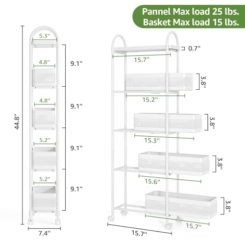 KINGRACK 5 Tier Slim Rolling Cart with Drawer, Metal Utility Storage Cart | 4 Pull-out Baskets, Lockable Wheels, Narrow Space Trolley Organizer for Bathroom, Kitchen, Office, Dorm, Laundry Room, White