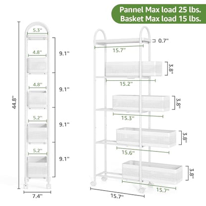 KINGRACK 5 Tier Slim Rolling Cart with Drawer, Metal Utility Storage Cart | 4 Pull-out Baskets, Lockable Wheels, Narrow Space Trolley Organizer for Bathroom, Kitchen, Office, Dorm, Laundry Room, White