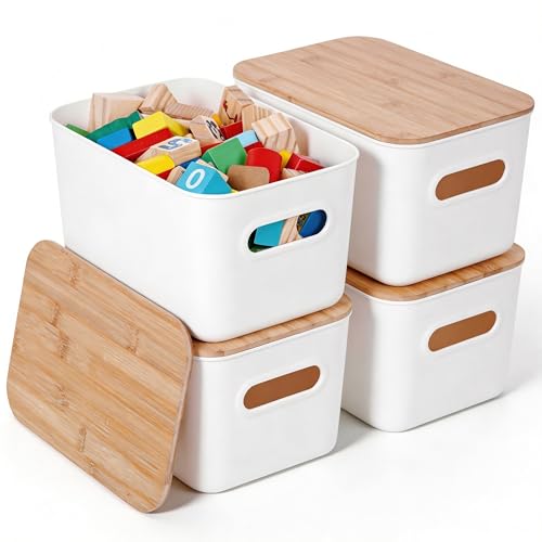 Citylife Storage Bins with Bamboo Lids 7QT Plastic Storage Containers Stackable Organizer Boxes with Handle for Desk Snacks, Toys, 4 PCS, 10" L x 7" W x 5.8" H