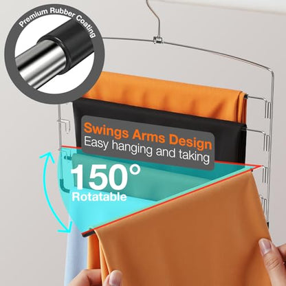 Korpai 3-Pack Pants Hangers Space-Saving Multi-Layer,150° Rotate Metal Swing Arm Non Slip Rubber Coating,Closet Organizers and Storage 360 Swivel Top Hook for Jeans,Trouser,Slacks,Skirt,Scarfs,Towels