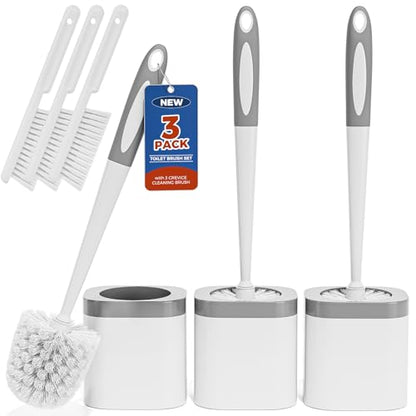 Toilet Brush and Holder Set, Space Saving, 3 Pack, White | Bathroom Accessories, Ergonomic Silicone Handle, Dense Bristles, Deep Cleaning, with 3 Crevice Brushes, Compact Design