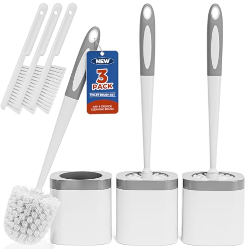 Toilet Brush and Holder Set, Space Saving, 3 Pack, White | Bathroom Accessories, Ergonomic Silicone Handle, Dense Bristles, Deep Cleaning, with 3 Crevice Brushes, Compact Design