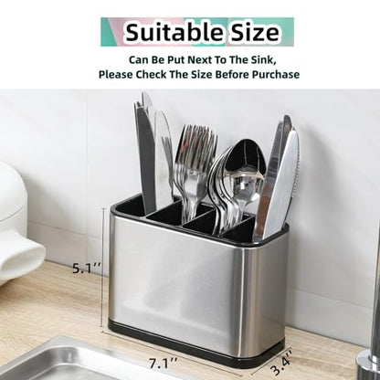 Utensil Holder,Kitchen Utensil Holder for Countertop,Silverware Holder | Stainless Steel Caddy,Spoon holder,4 Compartments Silverware Caddy,Capacity Flatware Spoon Fork Tool Cutlery Holder（Silvery）