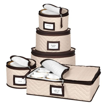 China Storage Containers 5-Piece Set Moving Boxes, Quilted Microfiber | Organize Dinnerware, Glasses, Plates, Mugs, And Saucers With Dividers For Seasonal Storage, Holds Set of 12, Beige