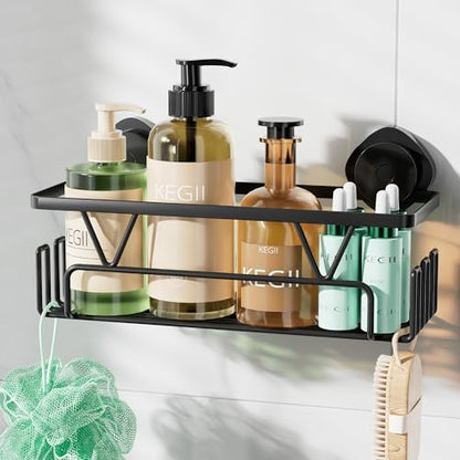 KEGII Suction Cup Shower Caddy with Hooks, No Drill Bathroom Organizer | Large Capacity Stainless Steel Shelf, Heavy Duty Hold for Shampoo and Body Wash on Smooth Surfaces, Black