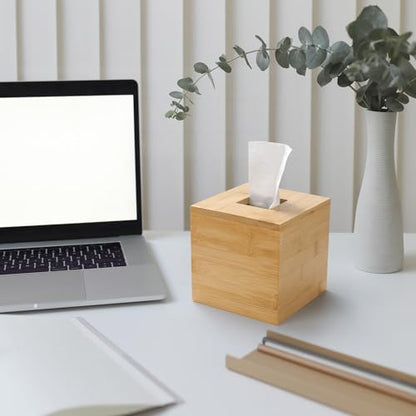 Bamboo Tissue Box Cover, Square Wood Tissue Box Holder, Wooden Facial Paper Holder for Bathroom, Bedroom, Dinner Table, Office (Square - 1 Pack)