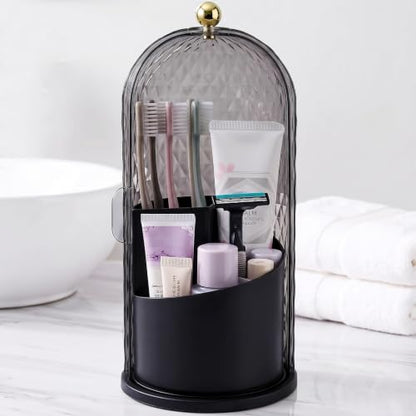 Toothbrush Holders with Sliding Lid, Rotating 3 Slots Bathroom Organizer Countertop, Tooth Brush Toothpaste Holder Bathroom Counter Stand Caddy for Vanity Makeup Brushes Holder (Black)