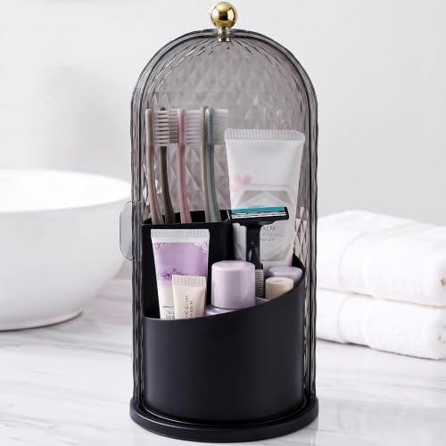 Toothbrush Holders with Sliding Lid, Rotating 3 Slots Bathroom Organizer Countertop, Tooth Brush Toothpaste Holder Bathroom Counter Stand Caddy for Vanity Makeup Brushes Holder (Black)