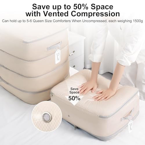 Comforter Storage Bag - 130L Large Capacity Blanket Storage Bags 4-Layer Ultra Space Saving Self Compression Organizer, Washable Compression Bags for Storage Comforter Blanket, 2-Pack, Beige