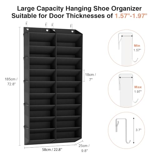 LANTEFUL Over the Door Shoe Organizer, Hanging Shoe Rack for Closet Door Shoe Storage for 30 Pairs Sneaker and Boots, Large Shoe Holder for Door with 10 Side Pockets, Space Saving, Black