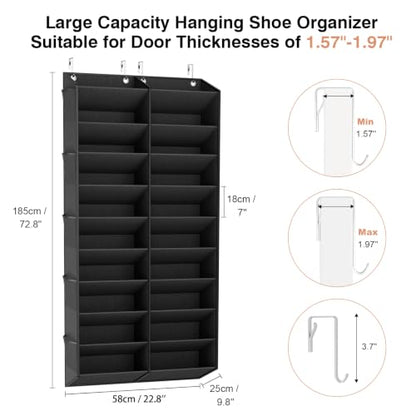 LANTEFUL Over the Door Shoe Organizer, Hanging Shoe Rack for Closet Door Shoe Storage for 30 Pairs Sneaker and Boots, Large Shoe Holder for Door with 10 Side Pockets, Space Saving, Black