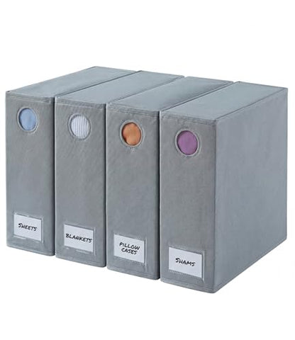 4 Pack Sheet Organizers - Foldable Sheets Set Organizer - King/Queen - Grey | Storage Organizer for Linen Closet, Folder Keeper with Window XL, Blanket, Duvet & Pillowcases Dustproof Bedding Container