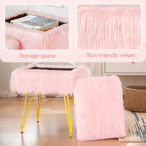 Vanity Stool Chair with Storage, Soft Ottoman Seat Vanity Chair with Anti-Slip Feet, Fluffy Padded Seat Multifunctional Footrest Side Table with 4 Metal Legs for Makeup, Bedroom, Dorm, Pink
