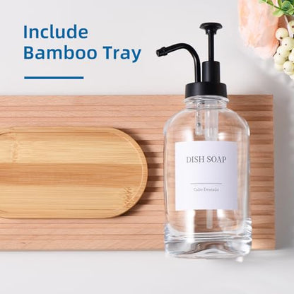Glass Soap Dispenser with Upgrade Pump, Hand and Dish Soap Dispenser for Bathroom Kitchen, Soap Dispenser Set with 9 Stickers Funnel Bamboo Tray 500ml 18oz Clear