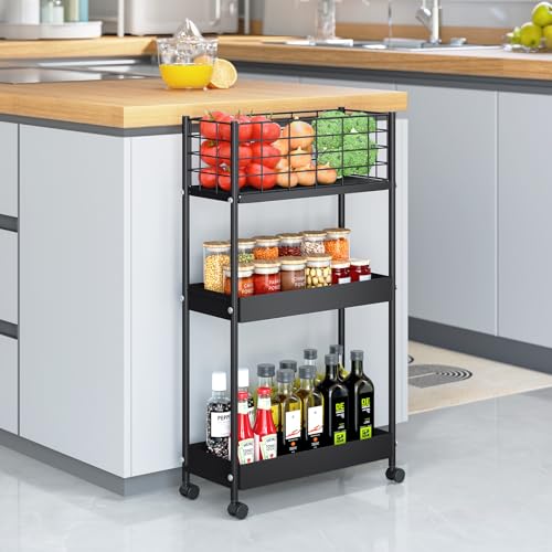 KINGRACK Slim Rolling Storage Cart 3 Tier - Heavy Duty Metal Utility Cart with Raised Edge & Wheels, Narrow Small Mobile Organizer Shelves for Bathroom, Kitchen, Laundry, Office, Living Room, Black