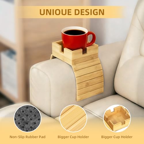 Bamboo Couch Cup Holder – Non-Slip Armrest Tray for Recliner & Loveseat – Large Caddy for Drinks, Cell Phone, and TV Remote(Large)