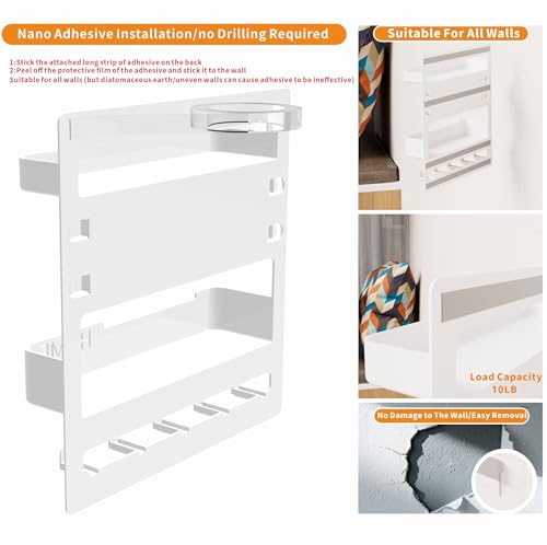 Bedside Wall Organizer for Dorm Bed,Rv,Small Room and Nightstand,Wall Mounted Floating Shelves and Bedside Shelf for Remote,Phone Holder,Charging Shelf,Cute Bedroom Decor for College Girl,White