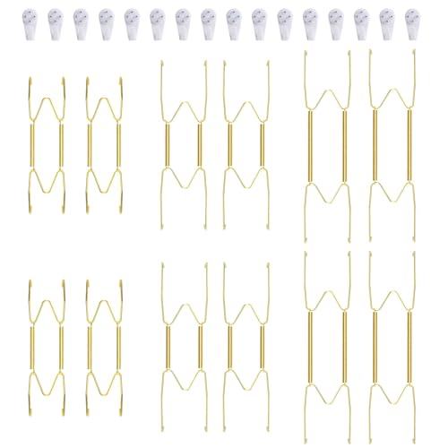 12 Piece Plate Hangers, 6/8/10 Inch Invisible Brass Wall Plate Hangers, Comes with 16 Piece Wall Hooks for Decorative Plates