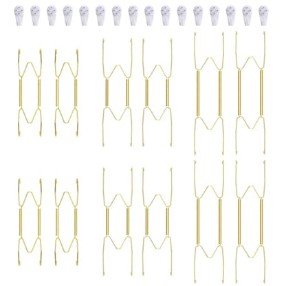 12 Piece Plate Hangers, 6/8/10 Inch Invisible Brass Wall Plate Hangers, Comes with 16 Piece Wall Hooks for Decorative Plates