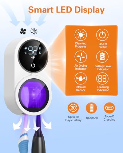 UV Toothbrush Sanitizer Holder, Electric Toothbrush Cleaner with LED Display, Infrared Auto Sensor, Auto-Cycle & Fan Drying, Rechargeable Wall Mounted Tooth Brush Holders for Bathroom Organizer