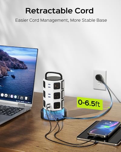 Power Strip Tower Surge Protector, 1050J, 12 AC 6 USB (2 USB C), 6.5Ft | Extension Cord with Multiple Outlets, 1625W/13A Outlet Extender, Power Tower, Charging Station for Home Office, School, Dorm