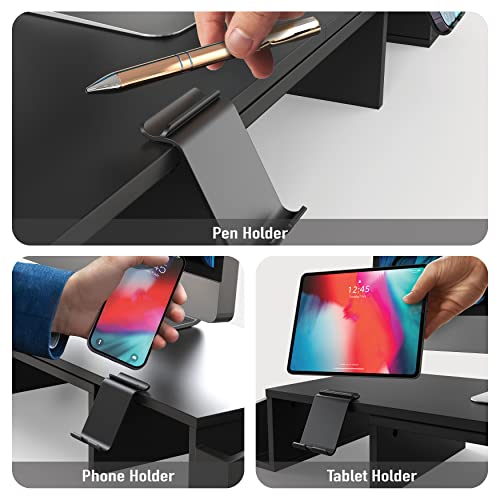 Simple Houseware Desk Dual Monitor Stand Riser with Drawer, Black | Customizable Organizer Tray, Built-In Phone & Tablet Slot and Side Storage