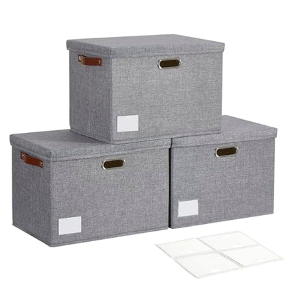 17" Large Collapsible Storage Bins with Lids, Stackable Closet Organizers with PU Handle and Labels, 3-Pack Decorative Fabric Storage Boxes for Home, Bedroom, Closet, Office, Nursery(Gray)