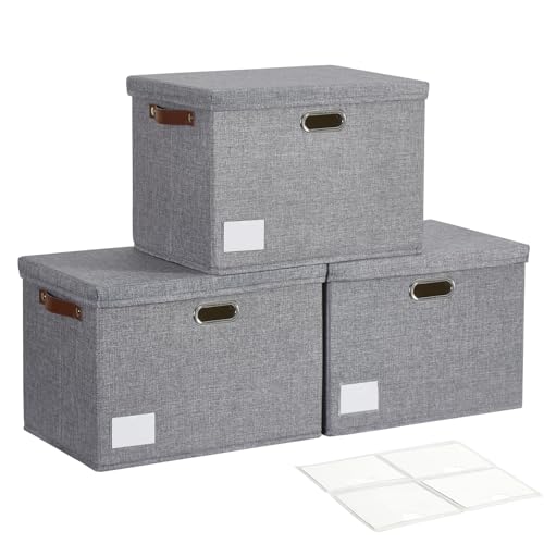 17" Large Collapsible Storage Bins with Lids, Stac... (3 Count | Gray | Linen)