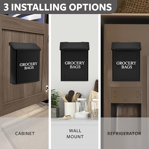 Calindiana Modern Farmhouse Metal Magnetic Grocery Bags Holder for Plastic Bags with LId and Kitchen Organizer and Storage Wall Mount Grocery Bag Dispenser Space Saving, Black