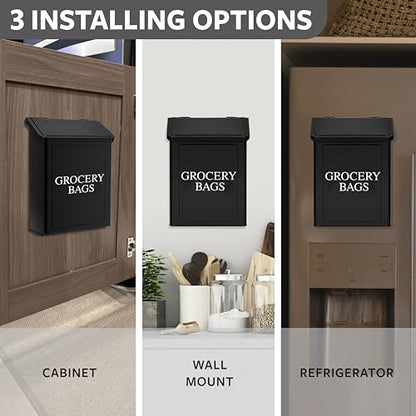 Calindiana Modern Farmhouse Metal Magnetic Grocery Bags Holder for Plastic Bags with LId and Kitchen Organizer and Storage Wall Mount Grocery Bag Dispenser Space Saving, Black