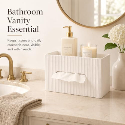 Ribbed PU Leather Tissue Box Cover with Storage Tray, Rectangular Facial Tissue Holder for Bathroom Vanity, Nightstand & Office Desk, Modern Decorative Tissue Dispenser (Ivory White)