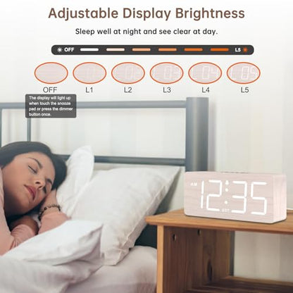DreamSky Wooden Digital Alarm Clock for Bedroom with Large Numbers | Desk Clock for Living Room Office, Loud Alarm for Heavy Sleepers Adults, Volume Control, Dimmer, DST, Wood Decor (Plug-in)