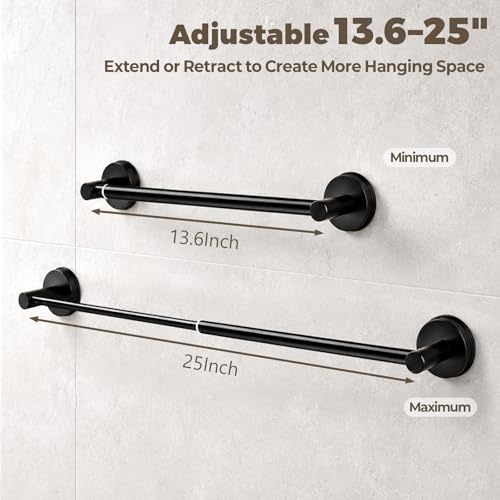 Adjustable Suction Cup Towel Bar – Towel Racks for Bathroom, 13.6-25 Inch, Stainless Steel Bathroom Towel Holder with 4 S Hooks, No Drill for Kitchen, Shower & Smooth Surfaces – Black