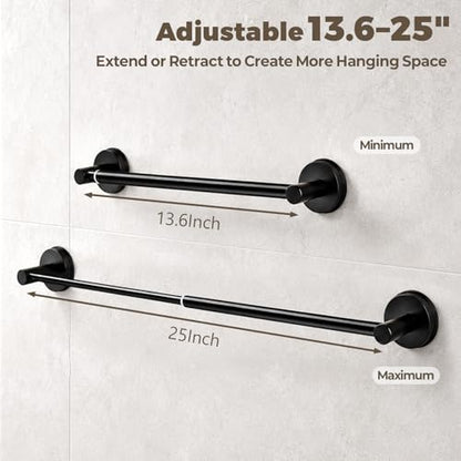 Adjustable Suction Cup Towel Bar – Towel Racks for Bathroom, 13.6-25 Inch, Stainless Steel Bathroom Towel Holder with 4 S Hooks, No Drill for Kitchen, Shower & Smooth Surfaces – Black