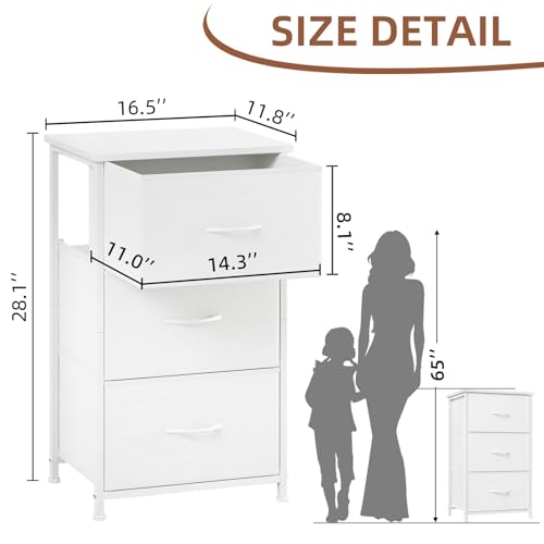 Somdot Small Dresser for Bedroom, 3 Drawer Storage Cabinet, White | Tall Nightstand Fabric Dresser with Removable Bins, Steel Frame and Mdf Wood Top , Closet, Nursery, Dorm or Entryway Storage