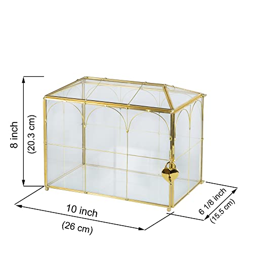 Glass Card Box with Slot, 10.2 inch Large Gold Clear Card Box for Wedding Receptions, Decorative Storage Box with Lock for Baby Shower, Birthday Party, Bridal Shower
