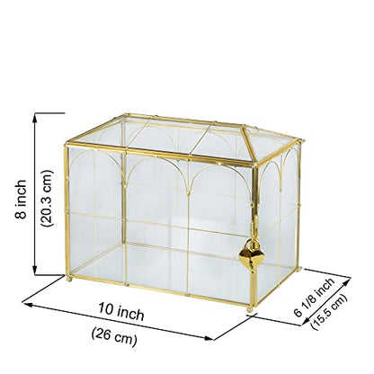 Glass Card Box with Slot, 10.2 inch Large Gold Clear Card Box for Wedding Receptions, Decorative Storage Box with Lock for Baby Shower, Birthday Party, Bridal Shower