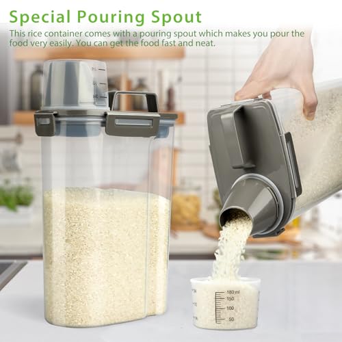 Rice Airtight Storage Container, 3 to 5Lbs Cereal Dry Food Flour Bin, Pet Dog Cat Food Dispenser with Measuring Cup, BPA Free Clear Plastic Kitchen and Pantry Organization Bin for Sugar