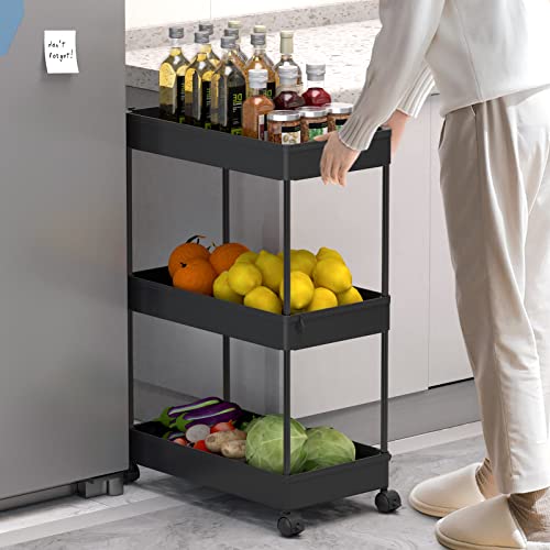 3 Tier Rolling Cart with Wheels, Storage Craft Art Trolley Organizer Serving, 3 Hanging Baskets Easy Assembly, for Office, Bathroom，Living Room, Kitchen, Black